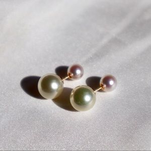 White Pink Double Hanadama Pearls earrings in setting 18K gold.
